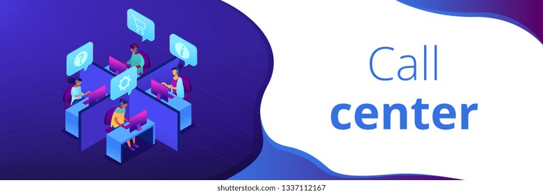 Customer service operators wearing headsets answering phones in the office. Call center, handling call system, virtual call center concept. Isometric 3D banner header template copy space.