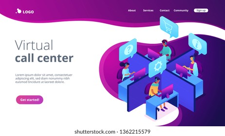 Customer service operators wearing headsets answering phones in the office. Call center, handling call system, virtual call center concept. Isometric 3D website app landing web page template