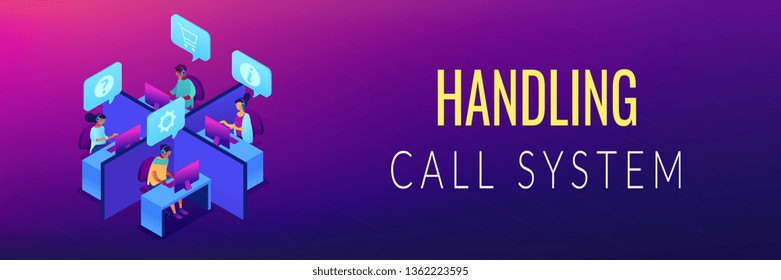 Customer service operators wearing headsets answering phones in the office. Call center, handling call system, virtual call center concept. Isometric 3D banner header template copy space.