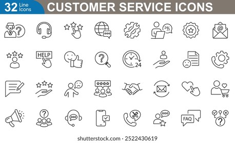 Ícones da estrutura de tópicos do serviço de clientes definem o ilustrador vetorial. Ligue, envie um e-mail, suporte, ajuda, perguntas frequentes, feedback, satisfação, política, serviço etc.