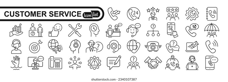 Customer Service   outline stroke icons set. Support, customer service, assistance, feedback, help, technical support, help desk and customer satisfaction. Vector illustration.