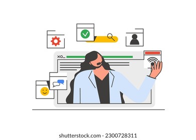 Customer service outline web concept with character scene. Woman consulting clients and helping online. People situation in flat line design. Vector illustration for social media marketing material.