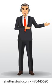 Customer service people, man wearing headsets of client services and communication, vector illustration.