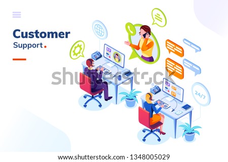 Customer service people office or isometric call center room. Man support and woman phone assistant, Operator with headset doing live feedback. Online user or client support centre. Work, job, hotline