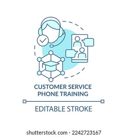 Icono de concepto turquesa de formación telefónica de servicio al cliente. El operador del centro de llamadas trabaja con una idea abstracta de la ilustración de línea delgada. Dibujo de contorno aislado. Trazo editable. Fuentes Arial, Myriad Pro-Bold utilizadas