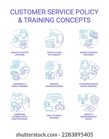Customer service policy and training blue gradient concept icons set. Corporate benefits idea thin line color illustrations. Isolated symbols. Roboto-Medium, Myriad Pro-Bold fonts use