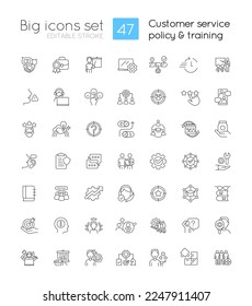 Customer service policy and training linear icons set. Business strategy. Customizable thin line symbols. Isolated vector outline illustrations. Editable stroke. Quicksand-Light font used