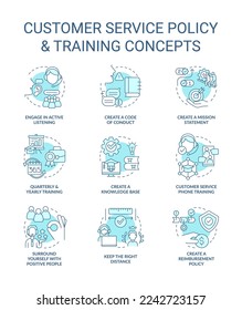Customer service policy and training turquoise concept icons set. Corporate benefits idea thin line color illustrations. Isolated symbols. Editable stroke. Roboto-Medium, Myriad Pro-Bold fonts use