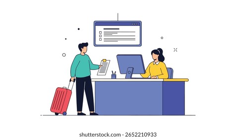 Serviço de Atendimento ao Cliente Profissional de Assistência ao Viajante com Organização de Viagens e Documentos em um Balcão com Computador