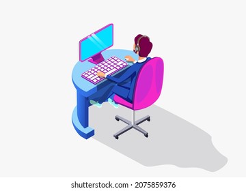 Customer service, programmer coding, operator man, business man entrepreneur, freelancer professional sitting at table with a laptop, with headphones and a microphone.3d isometric vector illustration