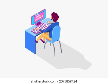 Customer service, programmer coding, operator man, business man entrepreneur, freelancer professional sitting at table with a laptop, with headphones and a microphone.3d isometric vector illustration