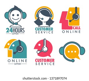 Customer service promotional emblem with woman operator in headset. Informative help about bought product logos set. Aid line emblem isolated cartoon flat vector illustration on white background.