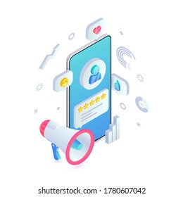 Customer service rate feedback isometric concept. 3d user icon and product positive review on smartphone screen, loudspeacker and graphs around. Social Media Digital marketing vector illustration