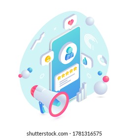 Customer service rate feedback trendy isometric 3d concept. User icon and product positive review on smartphone screen, loudspeacker and graphs. Social Media Digital marketing vector illustration.