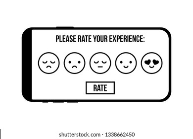 Customer service rating with outline emoji faces on mobile, smartphone screen, display.