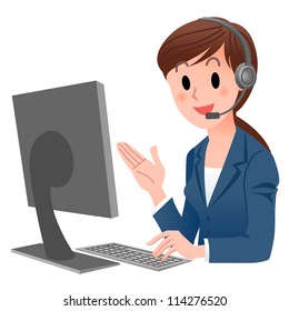 Customer service representative  at computer in headset. isolated on white. Cartoon phone operator. Cartoon Phone Operator. Support center. Customer support.