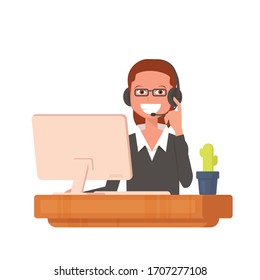 Customer service representative at computer in headset. Call center, support center or hotline. Vector flat isolated on white.