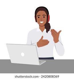 Customer service representative at computer in headset. isolated on white. Cartoon Phone Operator. Support center. Flat vector illustration isolated on white background