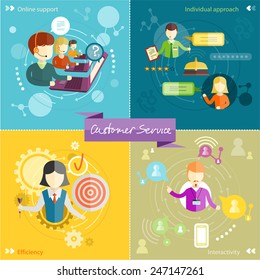 Customer service representative at computer in headset. Online support. Cartoon phone operator. Individual approach. Support efficiency. Customer support interactivity in flat design on four banners