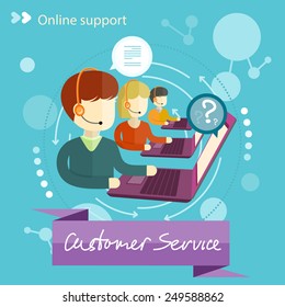 Customer service representative at computer in headset. Online support. Cartoon phone operator. Individual approach. Support centerand. Customer support interactivity in flat design concept