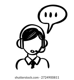 Ilustración dibujada a mano del Representante del Servicio al cliente, agente de Asistencia con auriculares y el icono del garabato de la burbuja del discurso.