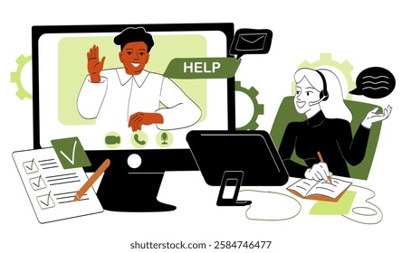 Customer service representative with headset assisting a client via video call on a computer screen, with checklist and digital elements