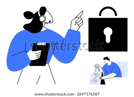 Customer service representative with headset holding clipboard, pointing at lock icon person receiving a package. Ideal for online security, customer support, business operations, logistics, privacy