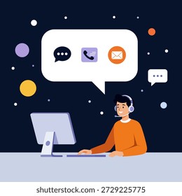 Customer service representative with headset sitting at desk with support icon