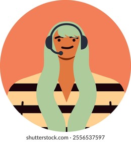 Customer service representative with headset smiling while assisting clients, providing support and answering questions in a call center environment, creating a positive customer experience