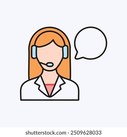 Customer service representative icon. Flat vector icon illustration of a customer service representative with headset and a speech bubble. Perfect for web, app and UI design.