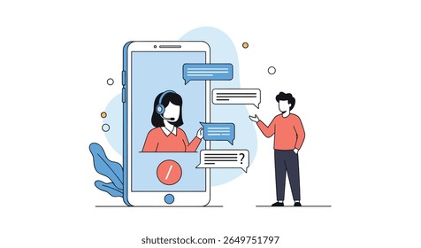 Customer service representative interacting with client via smartphone app providing virtual assistance and support