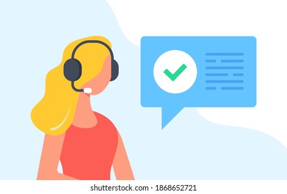 Customer service representative and message with check mark. Technical support, confirmation, solution, call center, online help concepts. Woman with headset. Modern flat design. Vector illustration