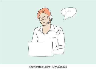 Customer service representative. Online information technology concept illustration. Hand drawn style vector design illustrations