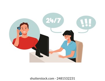 Customer service representative providing 24 7 support. Vector illustration of a smiling woman at a computer assisting on the phone. Speech bubbles highlight round-the-clock service and communication