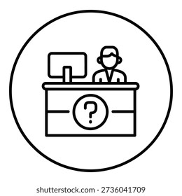 Customer service representative sitting behind a desk with a computer and a question mark icon