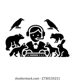 Customer service representative surrounded by animals