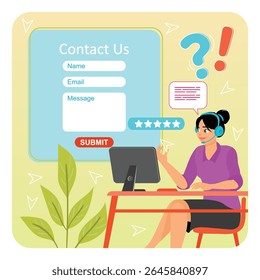 Um representante do serviço de atendimento ao consumidor usando um computador, apresentando uma interface de formulário de contato. Representa comunicação, serviços de help desk e suporte ao cliente. Fale conosco conceito.
