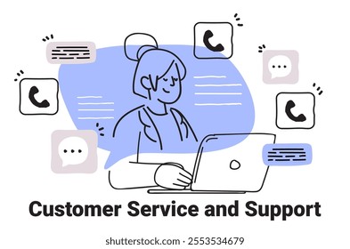 Customer service representative using laptop surrounded by communication icons in minimalist hand drawn style