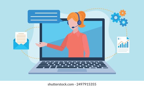 A customer service representative is visible on a laptop screen. She has a headset. There is a speech bubble by her face. Next to it are icons of an email, a data document, and gears. Vector file.