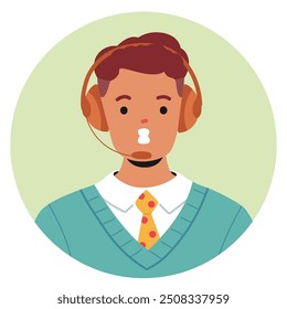 Representante De Servicio al cliente Con Auriculares. Vector De Dibujos Animados Concepto De Asistencia al cliente, Centros De Llamadas Y Comunicación. El Carácter Masculino Es Profesional Y Amistoso, Llevando Corbata Y Suéter