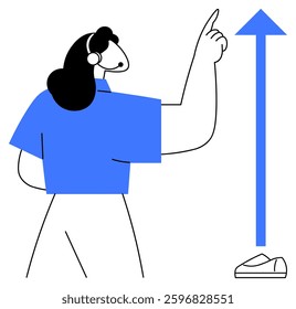 Customer service representative wearing a headset pointing upward towards a blue arrow symbolizing progress. Ideal for business growth, customer support training, communication, improvement, targets