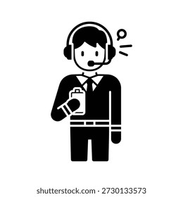 Customer service representative wearing headset holding clipboard