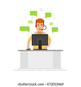 Customer service representative wearing a headset at the office. Customer support center via phone mail operator service icons concept vector flat illustration. Call center - stock vector