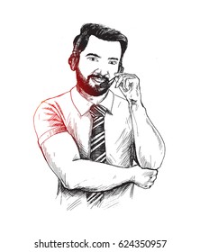 Customer service representative wearing a headset, Hand Drawn Sketch Vector illustration.