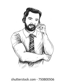 Customer service representative wearing a headset, Hand Drawn Sketch Vector illustration.