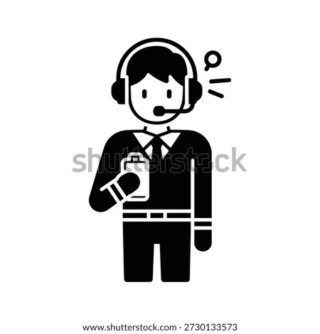 Customer service representative wearing headset holding clipboard