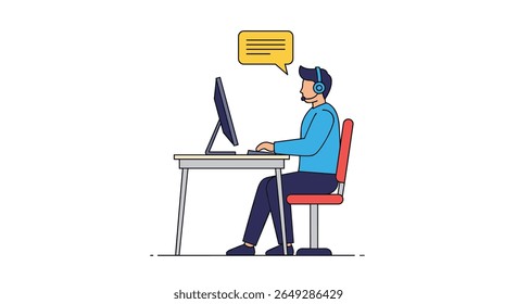Customer Service Representative Working Efficiently at Their Desk Using a Computer and Wearing a Headset to Communicate Effectively with Clients