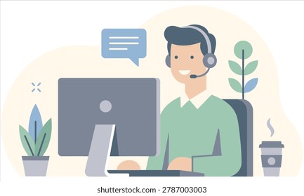 Customer service representative working efficiently with headset computer and plants isolated on transparent background