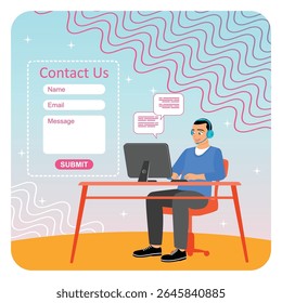Um representante do atendimento ao cliente trabalhando em um computador com elementos interativos, fornecendo suporte, comunicação e envolvimento orientados à tecnologia. Fale conosco conceito.