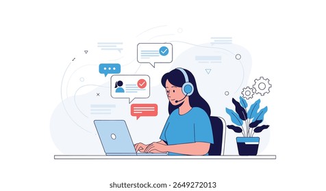 Customer service representative working on a laptop with a headset providing online assistance and support to clients through digital communication channels efficiently